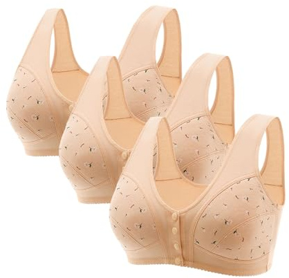 Uwdiohq Lot 3 Soutiens-Gorge Confortables pour Personnes âgées, Nouveau Soutien-Gorge Confortable à Boutons avec Fermeture Frontale, en Coton, Femmes 2025 Menstruelle Lavable Soutien Gorge Dos