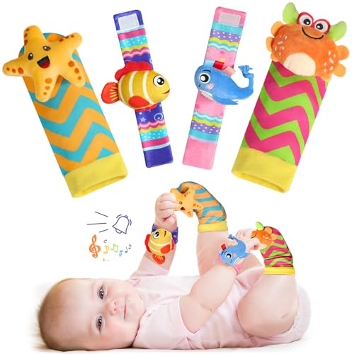 URMYWO Hochet Bébé 0-3 Mois, 4 Pièces Poignets et Chaussettes Jouet et Jeux Éveil Montessori - Stimulation Sensorielle et Motricité Fine - Cadeau Parfait pour Bébés 0 3 6 9 Mois (Océan)