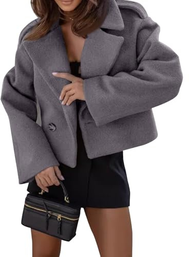 Generisk kort tweed-jacka långärmad revers trenchcoat rock casual blazer elegant parkas rock höst vinter ytterkläder kort kappa dam, grå, XXL