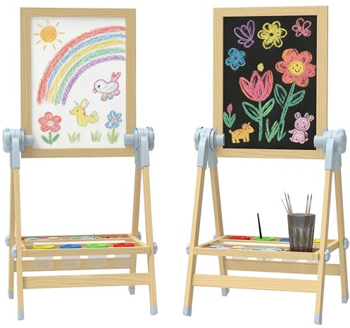 AIYAPLAY Pizarra Infantil Caballete, Altura y Ángulo Ajustable, Caballete de Madera de Doble Cara, Pizarra Blanca Magnética y de Tiza, Rollo de Papel y Bandeja, para Niños 3-6 Años, 48,5x46,5x70-97 cm