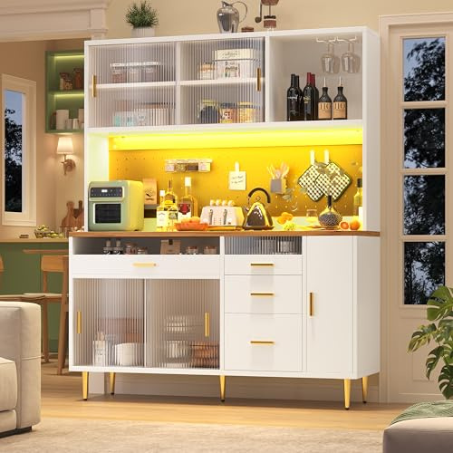 Dolamaní Armadio alto per soggiorno 145 × 39 × 171 cm, armadio da cucina, buffet con illuminazione a LED, cassetti e porta scorrevole in vetro, ripiani di archiviazione regolabile, per cucina, sala da