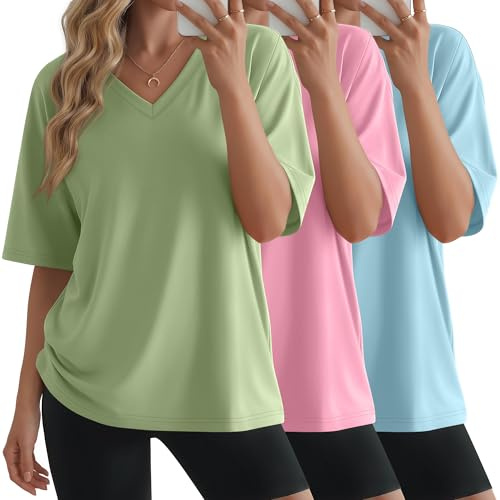 Geyoga Lot de 3 t-Shirts Oversize Femme à Manches Courtes et col V, Coupe Ample, Basiques et décontractés pour l'été