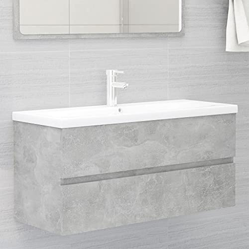 Augerlite tvättställsunderskåp betonggrå av trämaterial med infällda keramiska handfat 101 x 39 x 18 cm, 1 låda, push-open avloppsarmatur, kran, förvaringsutrymme för badrum och gäster WC