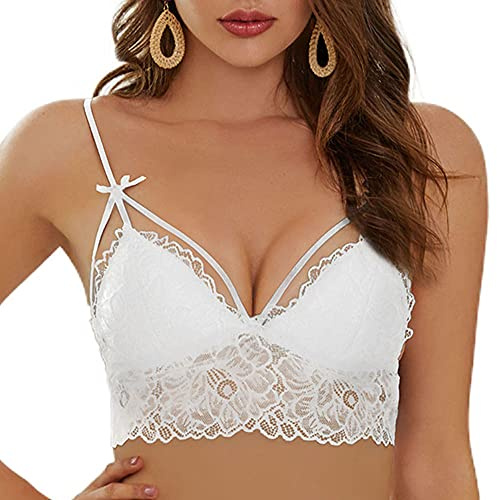 SHEKINI Dam BH avtagbara kuddar bh utan bygel spets bralette triangel bh justerbar dubbel smal axelrem banddekoration, Vit, 6074, M