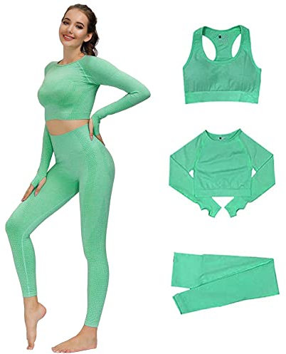 DONYKARRY Damen 3-teiliges Nahtloses Trainingsanzug Yoga Outfit Jogginganzug Set Freizeitanzug（Grün,L）