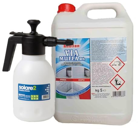 Antimuffa per muri interni, superfici lavabili, WC e Bagno - Via Muffa 5 lt + Pompa a pressione 2lt - Smacchia e Igienizza - Tappo Salvabimbo