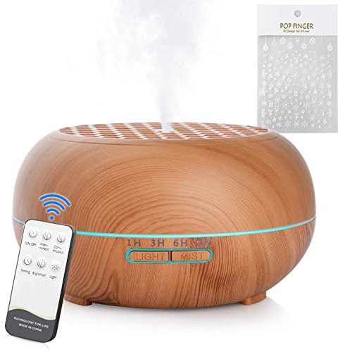 Simpeak Humidificador Ultrasónico 550 ml Difusor de Aromas con Temporizador Humificador Control Remoto para el Hogar Oficina Dormitorio Yoga SPA(con Pegatinas Nieve), Marrón Claro