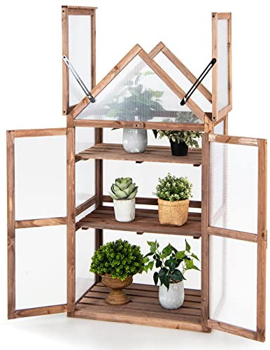 COSTWAY Frühbeet Mini Gewächshaus, 3-stöckiges Pflanzenbeet mit aufklappbarem Dach, Anzuchthaus mit 2 Türen, Treibhaus aus Holz & Polycarbonat, Aufzuchtschrank für Balkon Garten, Braun, 71x41x145cm