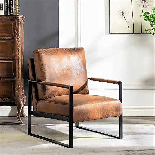 Container Furniture Direct Sedia classica metà secolo moderna con resistente struttura quadrata in metallo, poltrona per soggiorno, camera da letto, ufficio casa in microfibra maculata, marrone chiaro