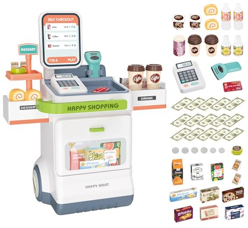 deAO Cash Register Playset for Kids, 47PCS Kids Store Supermarket Playset Pretend Play Cash Register Toy with Scanner, Grocery Game Food Set and Play Food, Gift for 3 4 5 6 Boys Girls (White)