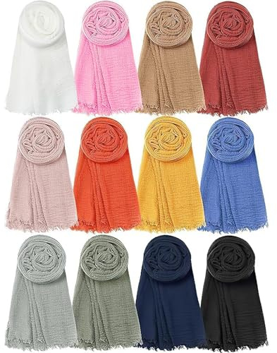MSYU 12 Pieces Long Head Wraps Scarf for Women Lightweight Shawl Turban Hijab Scarf Solid Color Soft Head Scarf for Women Girls, 90 x 180 cm, 12 Colors