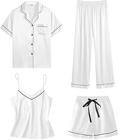 Saten Pijama Mujer Verano Women Secret Pijamas de satén para mujer, pijamas de 4 piezas, conjunto de ropa de dormir y pantalones de manga corta, conjuntos Camison Sexy Mujer Saten Camisones Mujer Seda