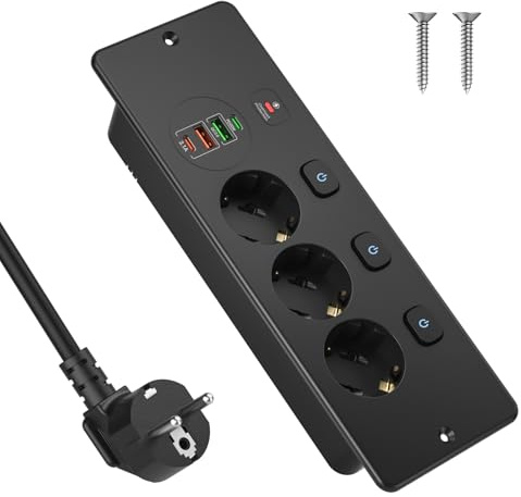 Bordsuttag med 4 USB C PD 20 W, 3-vägs grenuttag individuellt omkopplingsbar, inbyggt uttag överspänningsskydd för kök bordsskiva hem, kontor, 2 m kabel, svart