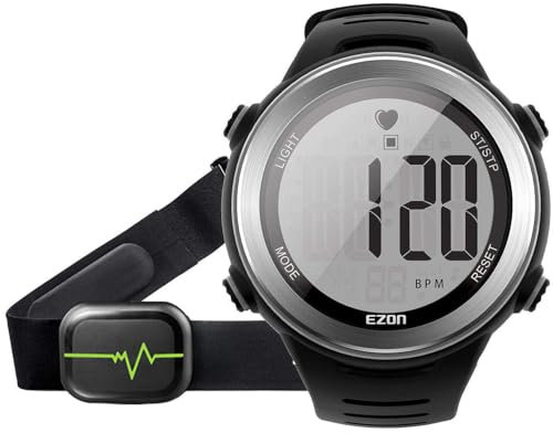 EZON Correa de pecho para monitor de frecuencia cardíaca, monitor cardíaco de ejercicio, reloj deportivo con HRM, resistente al agua, cronómetro, timbre horario, acero plateado, T007A11