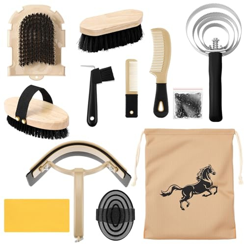 Abbylike Kit de aseo de caballos de 12 piezas, suministros de habitación, juego de cepillos de caballo, kit de limpieza de cuidado equino, herramientas de masaje (negro)