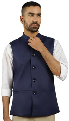 Maple Clothing Nehru Jacket Men's Traditional Sleeveless India Modi Waistcoat Vest Guest Outfit (Nave Blue, S)