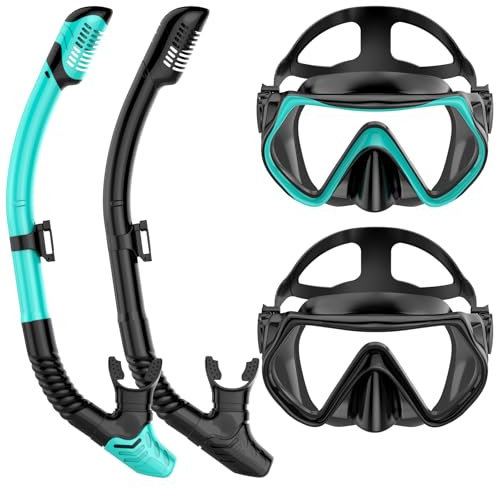 Snorklingsutrustning för vuxna, vuxna, snorkelmaskset, dykning torr-topp, simglasögon med nässkydd, HD härdat glas panorama anti-läckage, anti-dimma, resesnorklingspaket förvaringsväska, 2-pack