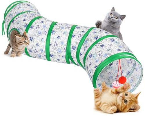 Pawaboo Kattunnel, S-formad katttunnel 25 x 97 cm (9,8 x 38,2 tum) med bollar och klockor, hopfällbar kattunge, lektält leksak, interaktivt katthus med visckhål, blå + vit blomma