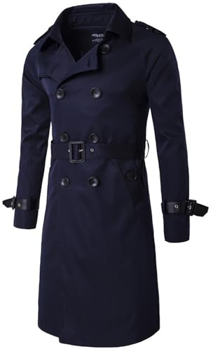 aromm Mens Trench Coat Slim Fit Double Breasted Long Windbreaker Jacket with Adjustable Belt