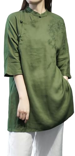 Camicia lunga da donna in cotone e lino, stile cinese, vintage, ricamata, tunica Hanfu con bottoni a rana, vestibilità larga, camicetta zen per meditazione, cerimonia del tè, abbigliamento casual