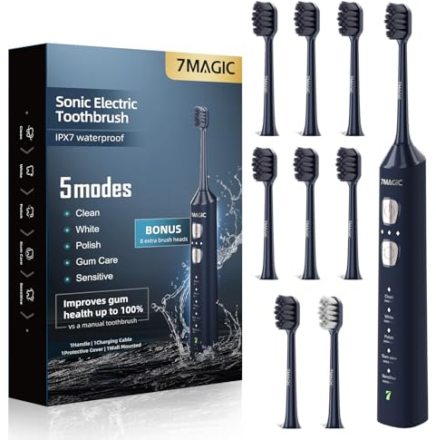 7MAGIC Sonic - Spazzolino elettrico per adulti e bambini, fino a 180 giorni di autonomia, spazzolino da denti alimentato da 42.000 VPM, 5 modalità e 3 intensità per denti e dispositivi dentali
