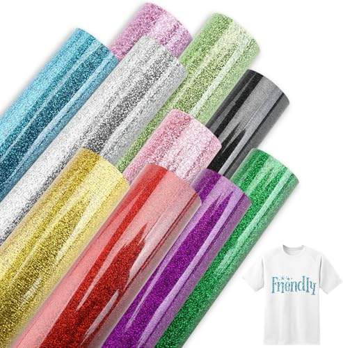 Valicaer Glitter Heat Transfer Vinyl, 10 Pack Sparkle Iron on HTV Vinyl for DIY T-Shirts Crafts Fabrics 12 * 8in
