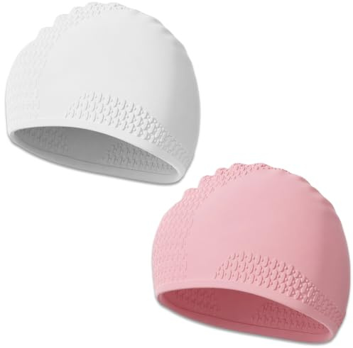 2 Pack Silicone Swimming Caps for Women and Men, Waterproof Bathing Hat for Long, Thick or Curly Hair, 3D Ergonomic Design, Anti-Slip Swim Cap