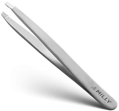 By MILLY Slanted Tweezers - High Carbon Stainless Steel - Hand-Filed and Perfectly Aligned Precision Slant Tips - Silver