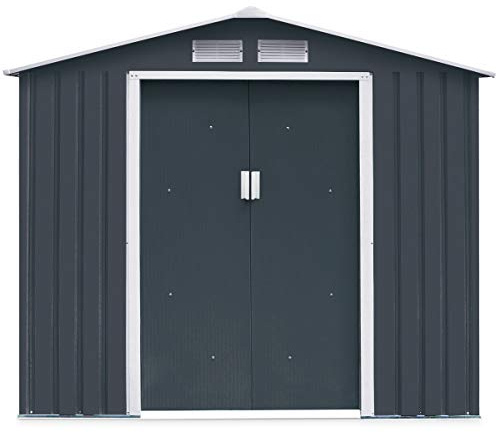 GIANTEX Cobertizo de Jardín de Metal, Cobertizo para Herramientas con Base, Cabaña de Jardín, Cabaña para Bicicletas, Puertas Correderas y Persianas, Cobertizo para Herramientas de Jardín