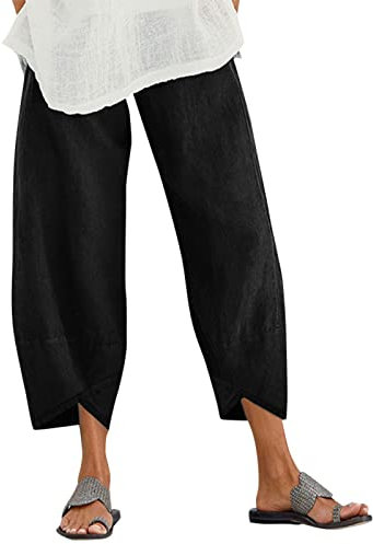 ZANZEA Leinenhose Damen Sommer 7/8 Baggy Haremshose Weite Culottes Hosen Große Größen Hippie Hose Casual Yoga Hosen Leichte Strandhose B-schwarz XXL