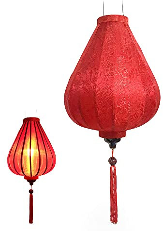 Lanterna Lampion Asiatico in Seta Rossa, G Ø33cm - Lampadario a Sospensione Tradizionale di Hoi An in Tessuto, Bambù e Legno - Decorazione e Artigianato del Vietnam (G25-R)