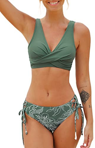 CUPSHE Damen Bikini Set V Ausschnitt Crossover Lace Up Tank Low Waist Bademode Zweiteiliger Badeanzug Swimsuit Dunkelgrün L