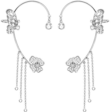 GAUEIOUR Butterfly Tassel Style Zircon Earrings,1 Pair Flower Fringe Long Earrings.Shiny Non Pierced Butterfly Ear Clips Women's Girls Jewelry(Silver)