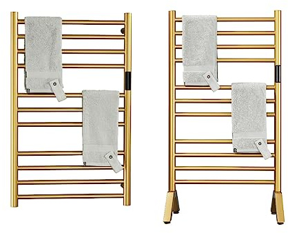 DUDYP Heated Towel Rack Gold Freestanding & Wall Mounted Electric Towel Warmer Drying Rack for Bathroom, Built-in Timer and LED Indicator, 11 Bar Plug-in 304 Stainless Steel Heated Towel Rail