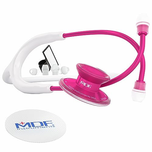 MDF Instruments, Acoustica Lightweight Stethoscope for Doctors, Nurses, Students, Home Health Use, Adult, Dual Head, White Tube, Pink Alloy Chestpiece-Headset, MDF747XPPA29