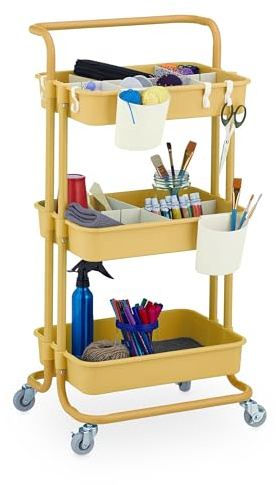 Relaxdays Rollwagen, 3 Etagen, Servierwagen, Küchenwagen für Bad & Büro, Rollregal, HBT: 86x42,5x36cm, Bastelwagen, gelb