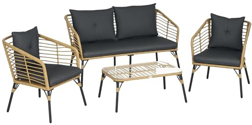 Outsunny Conjunto de Muebles de Ratán para 4 Personas Muebles de Exterior de 4 Piezas con 1 Sofá Doble 2 Sofás Individuales Mesa de Centro y Cojines para Terraza Patio Arena