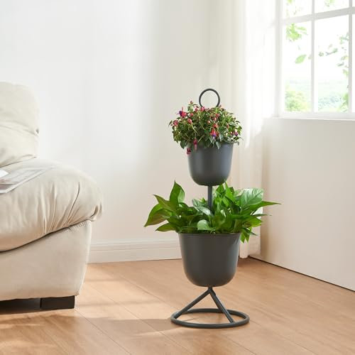 [en.casa] Stand Portapiante con 2 Vasi Piedistallo per Piante Supporto Espositore Piante Fiori Portapiante in Metallo - Nero