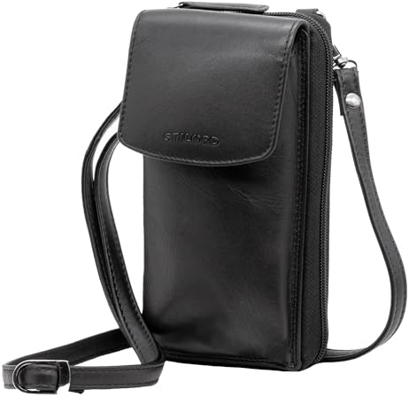 STILORD 'Jule' Leder Handytasche mit Geldbörse zum Umhängen Damen Geldbeutel mit Handyfach RFID Schutz Handytasche zum Umhängen Frauen Handy Portemonnaie Tasche Echt-Leder groß, Farbe:schwarz