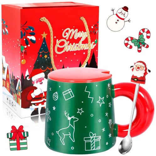 Vleuexe Mug Noel avec Cuillère,Tasse à café en Céramique,Tasse de Noel,Mugs et Tasses à Café,Tasse avec Rouge Couvercle,Design de Noël Moderne,Idée Cadeau Anniversaire ou Noël,Tasse Noel 400 ml Vert