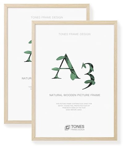 TONES FRAME DESIGN A3 Photo Frame 2 Pack, 29.7 x 41.9 cm, Wooden Picture Frames with Oak Veneer and Shatter-Resistant Plexiglass, Wall Frames for Portrait or Landscape, Posters, Prints, Certificates
