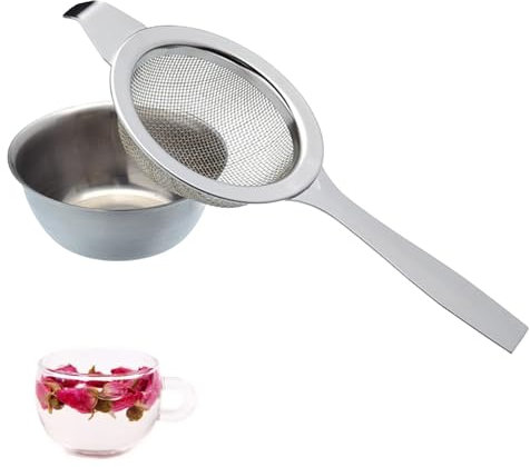 1 Set Tea Strainers for Loose Tea, Long Handle Tea Strainer with Drip Bowl, Reusable Mini Sieve, Loose Leaf Tea Strainer for Sifting Ingredients, Flour, Pastas, Rice, Tea (Silver)