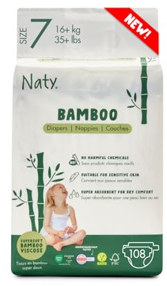 Naty Bamboo Viscose Baby Diapers – Silky Soft, Plant Based, Dermatologically Tested for Sensitive Skin & Super Absorbent (Size 7, 108 Count)