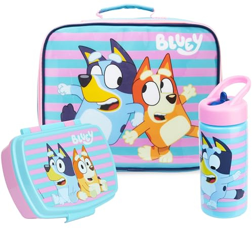 Get Trend Bluey et Bingo Sac Isotherme Repas Enfant Set, 3 Pcs Boite Repas 620ml, Gourde avec Paille 420ml et Lunch Bag Isotherme 5L, Fermeture Eclair et Poignée, Cadeau Enfant (Multi Bluey)