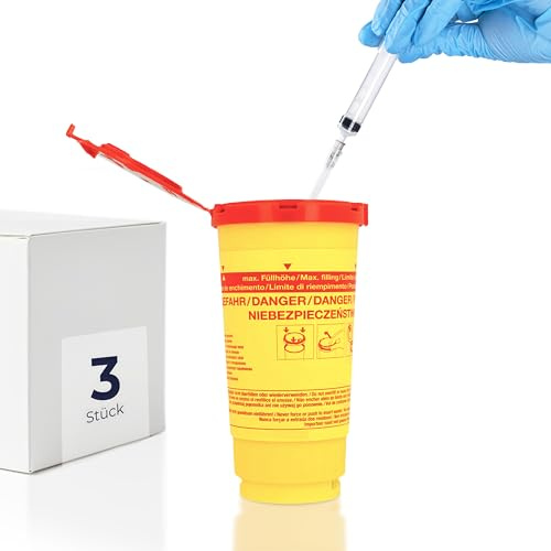 HaseMed Kanylutkastningsbehållare – 3 stycken, Biohazard bortskaffningslåda för nålar, sprutor och vassa föremål, säker, hygienisk, med rött lock, för kliniker och vårdanläggningar (500 ml)
