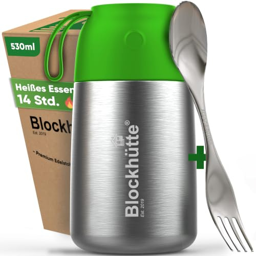 Blockhütte Hot Lunch Box for Kids 530ml Stainless Steel | Soup Flask incl Spoon & Fork | Vacuum Insulated Thermal Lunch Box 14h Hot Meals, BPA Free Hot Food Container – Light Green