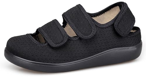 Hsyooes Sandali Diabetici Donna Pantofole Uomo Larghe Scarpe da Riabilitazione Chiusura a Strappo Scarpe Ortopediche Regolabili Antiscivolo nero EU40