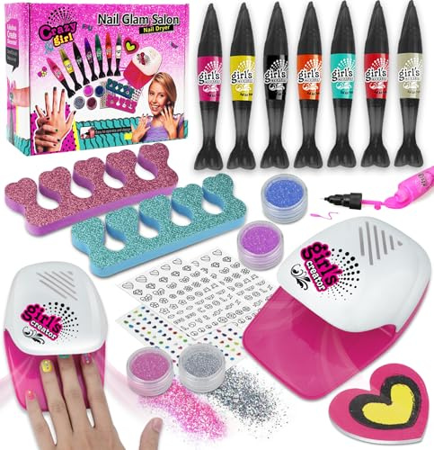 ANGREEL 18Pcs Salón de Uñas para Niños, Kit Uñas para 3 6 7 8 10 12 Niñas con Secador/3 Esmalte de Uñas/Caja Juego de Manualidades Maquillaje Adolescentes Juguetes Regalos Navidad Cumpleaños Halloween