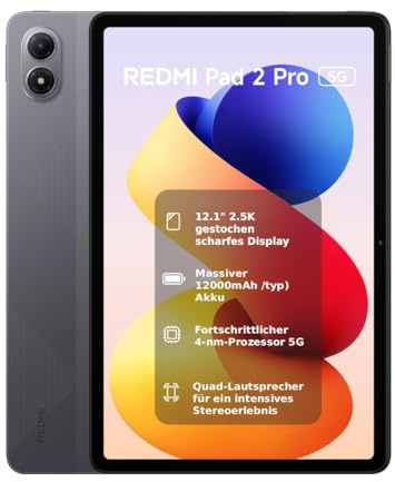 XIAOMI REDMI Pad 2 Pro 5G, 6+128 Go, Écran 12,1 2,5K 120 Hz, Batterie Longue autonomie de 12 000 mAh, Processeur 4 nm, Interconnectivité Fluide, Gris, Chargeur Non Inclus