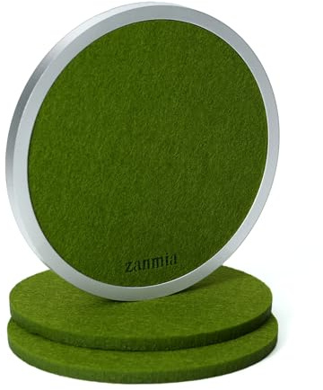 Absorbent Metal Coaster with Replaceable Felt Inserts, Non-Slip Aluminum Coaster for Hot & Cold Drinks, Modern Drink Coaster for Home & Office, Grass Green